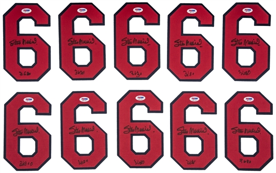 Lot of (10) Stan Musial Signed "9" Uniform Numbers (PSA/DNA) (Red Cross Hurricane Relief Lot) 